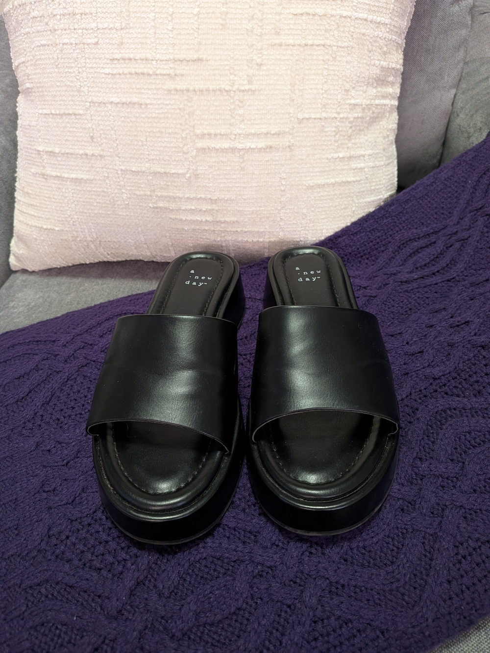 a new day Black Wedge Slides with Wide Strap